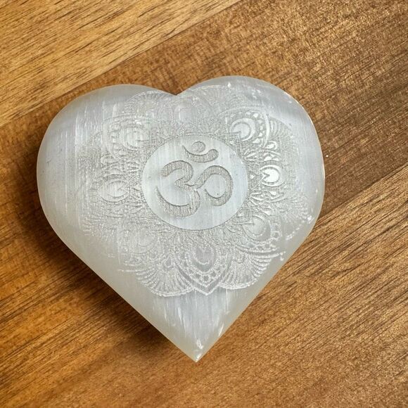 ETCHED SELENITE HEART CRYSTAL OM - Picture 1 of 7